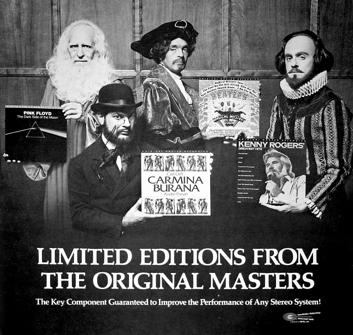 ‘Black-and-white promotional image featuring four men dressed in historical costumes holding vinyl albums. From left to right: a man with long hair and a beard holding Pink Floyd’s The Dark Side of the Moon, a man in a top hat with Carl Orff’s Carmina Burana, a man in a Renaissance outfit holding The Beatles’ Magical Mystery Tour, and a man in Elizabethan attire holding Kenny Rogers’ Greatest Hits. Text below reads “Limited Editions from the Original Masters.”’